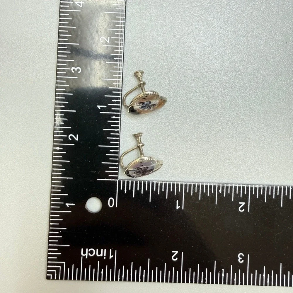 Vintage Sterling Silver Morpho Butterfly Wing Heart Screw Back Earring Palm Tree